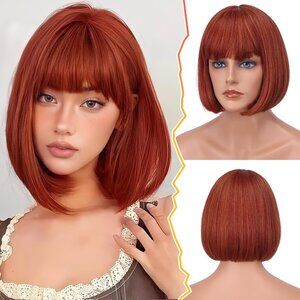 NEW BARSDAR Short Copper Bob Wig with Bangs - Short Auburn Bob with Bangs 12"